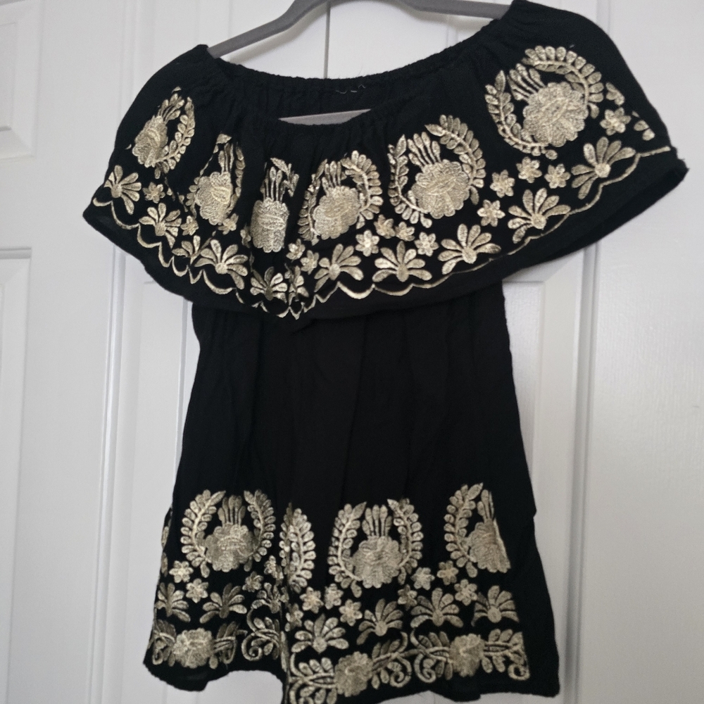 Black Off-Shoulder Romper with Gold Embroidery